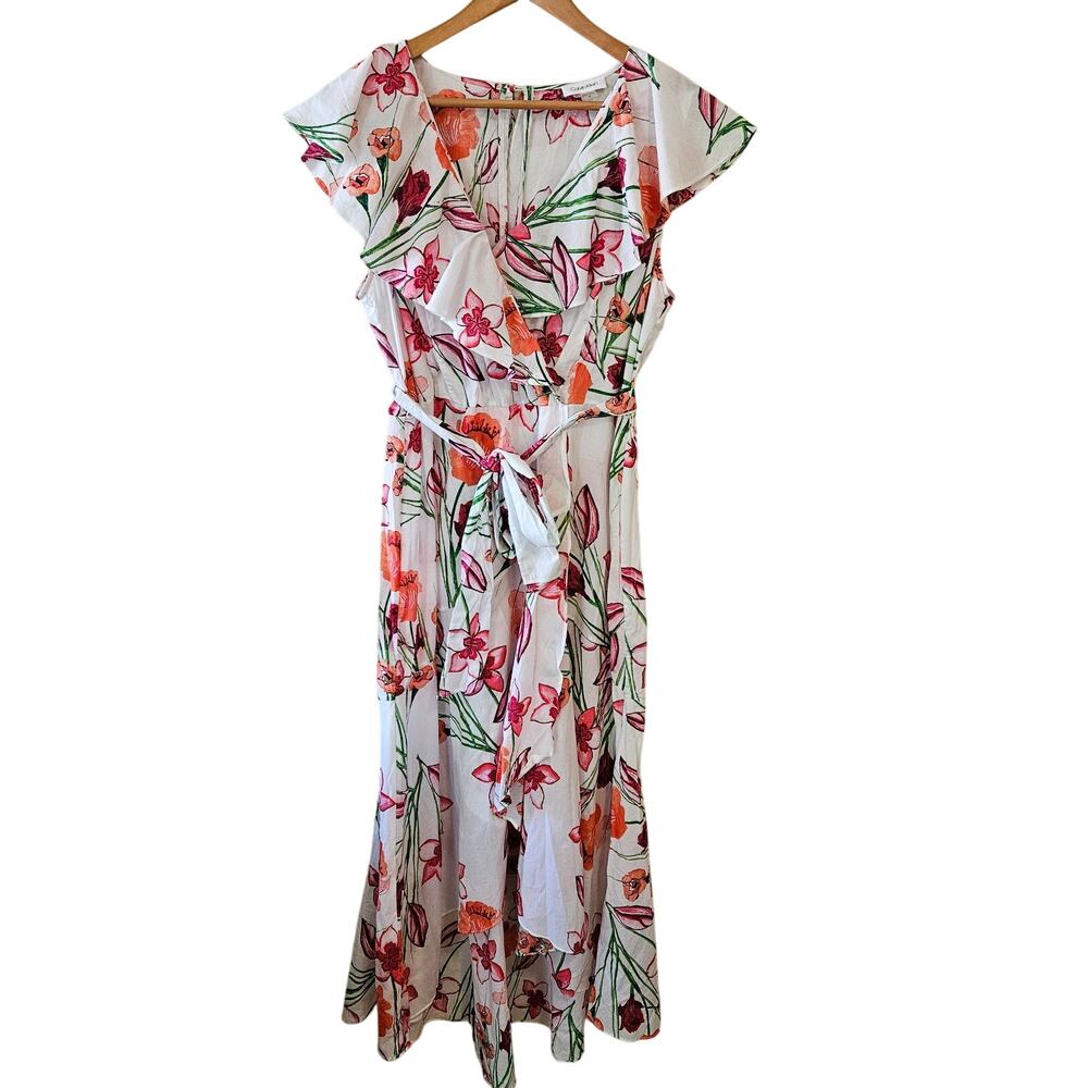 Calvin Klein Floral Print Cotton Sleeveless Midi Dress, Size 14 Surplice Ruffle
